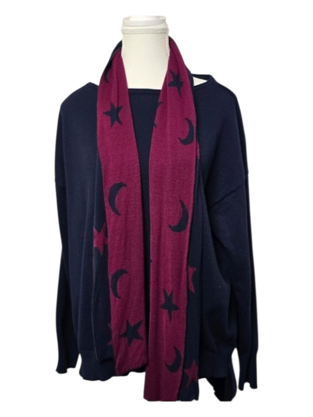 89th+Madison Navy Blue Women's Neutral Knit Sweater Scarf Sz L Office Nautical